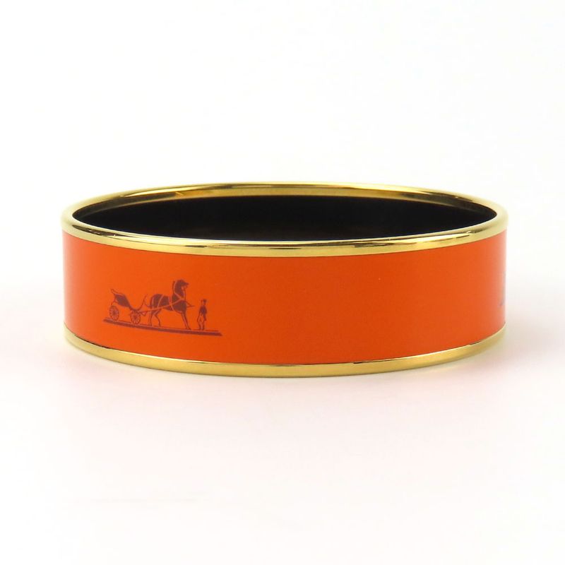 Hermes Bangle Emile GM Metal Cloisonne Orange Carved Gold Hardware Bracelet — view 5