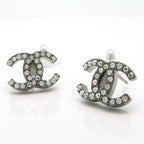 Chanel Coco Mark Earrings F19 V Rhinestone Metal Gunmetal Box — view 5