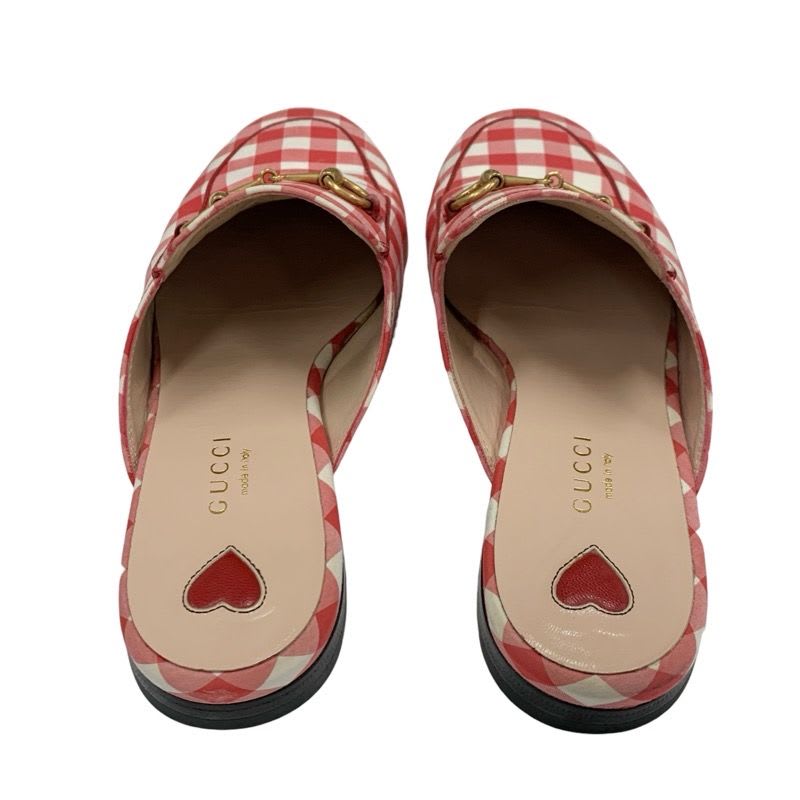 Gucci Prince Town Flat Shoes Fabric Red White Gold Mule Slipper Sandals Check — view 5