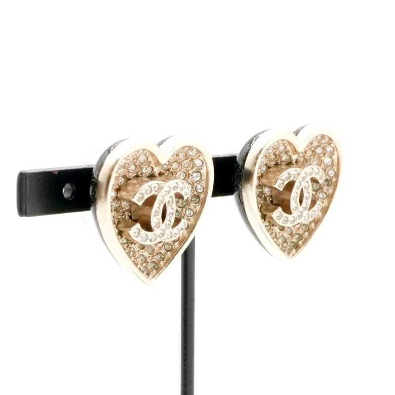 Chanel Earrings Gold Black Coco Mark Rhinestone Heart — view 8