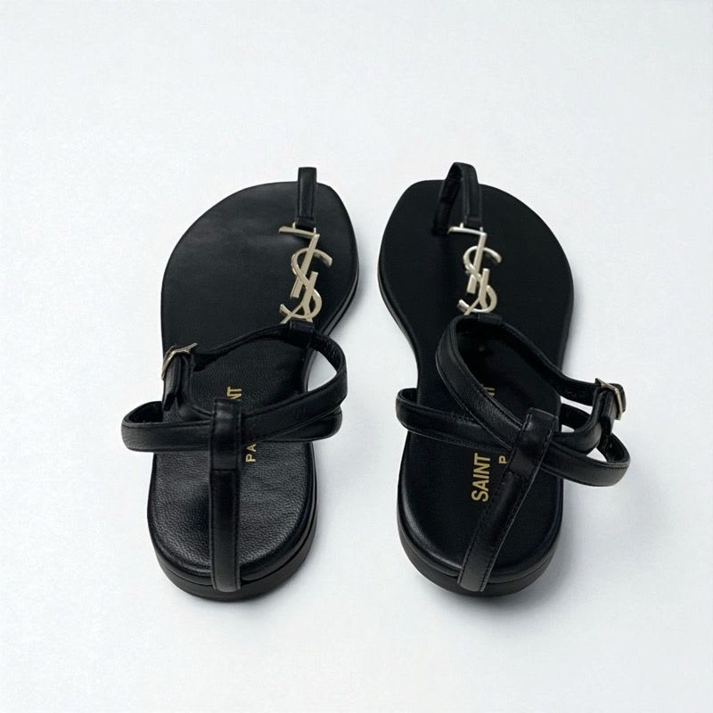 Saint Laurent Cassandra Sandals Shoes Leather Black Gold YSL Hardware Strap — view 5