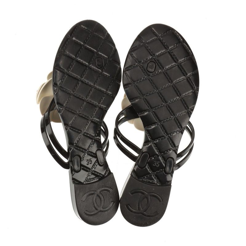 Chanel Coco Mark Camellia Rubber Sandals 35 Black And White — view 8