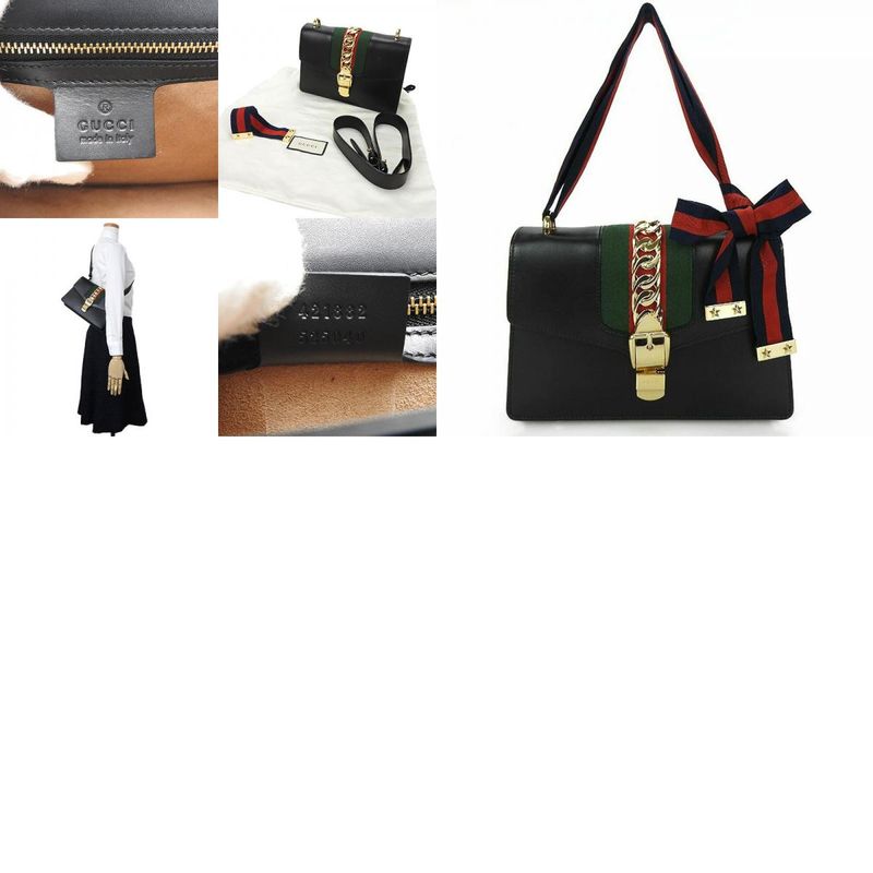 Gucci Shoulder Bag Sylvie Small Webline Leather Black Gold Hardware — view 9