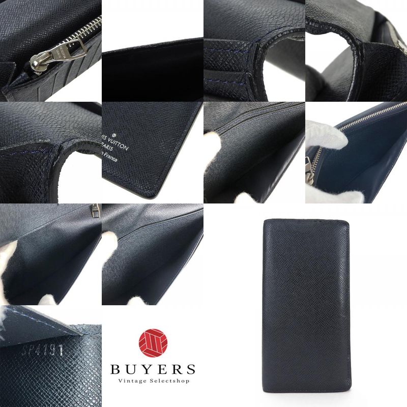Louis Vuitton Long Wallet Portefeuille Brazza Taiga Dark Navy Silver Hardware — view 9