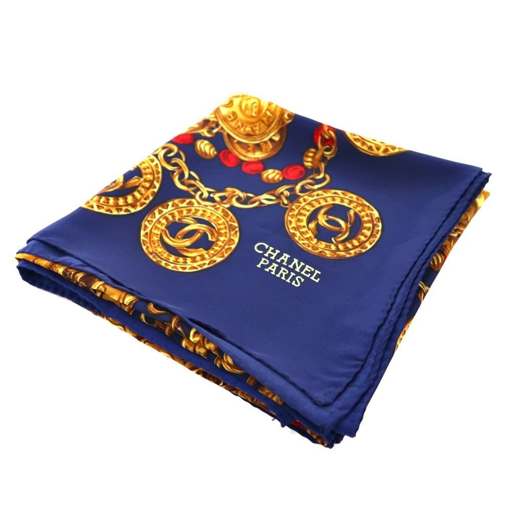 Chanel Scarf Navy Blue and Gold Silk All-Over Print Coco Mark Chain Jewelry — view 5