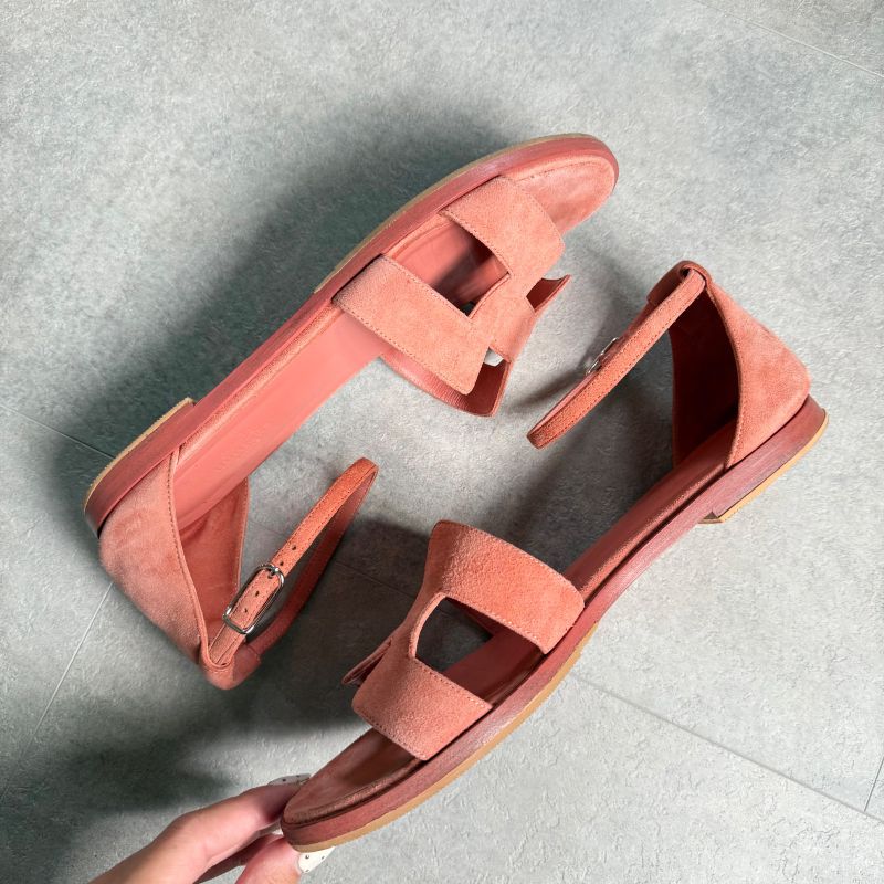 Hermes Santoni Strap Sandals Flat Shoes Coral Orange Suedeleather 38 — view 5
