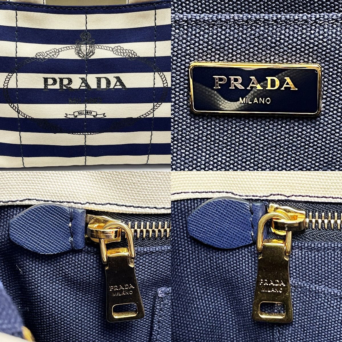 Prada Canapa B2642 B Navy Ivory Tote Canvas — view 6