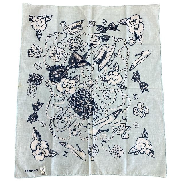 Chanel Scarf Handkerchief Bandana Camellia Logo Coco Mark Light Blue Black — view 6