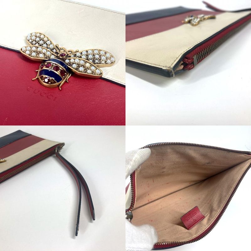 Gucci Clutch Bag Bee Striped Pearl Rhinestone Leather Red — view 8