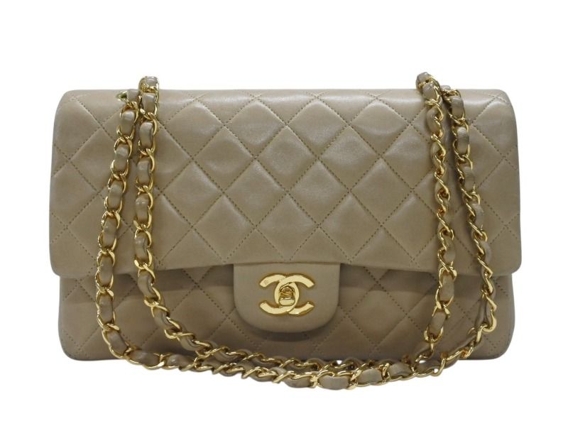 Chanel Quilted 25 Double Flap Chain Shoulder Bag Lambskin Beige Gold