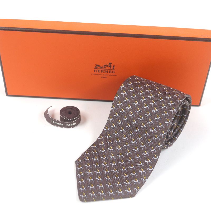 Hermes 100% Silk Jockey & toy Horse All Over Regular Tie Brown — view 2