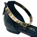 Chanel Sandals Shoes Leather Black Gold Coco Mark Icon Metal Strap Quilted — view 9