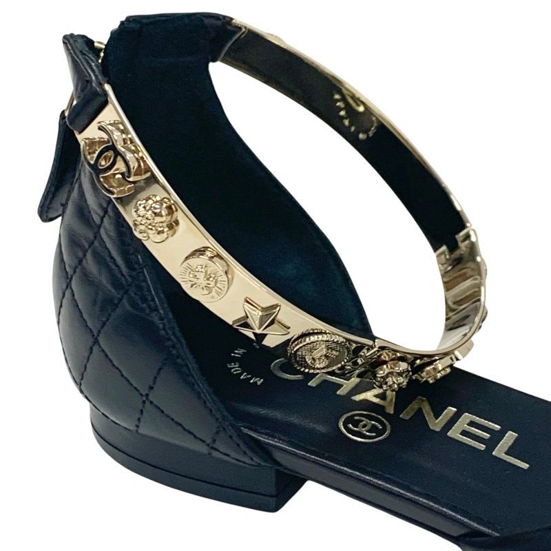 Chanel Sandals Shoes Leather Black Gold Coco Mark Icon Metal Strap Quilted — view 9