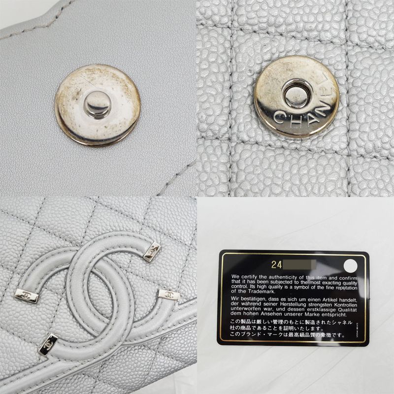 Chanel Small Chain Shoulder Bag Filigree Caviar Leather Silver Hardware — view 8