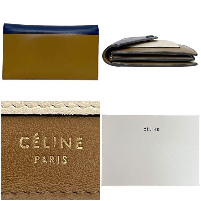 Celine Bifold Long Wallet Brown Navy White Leather — view 2