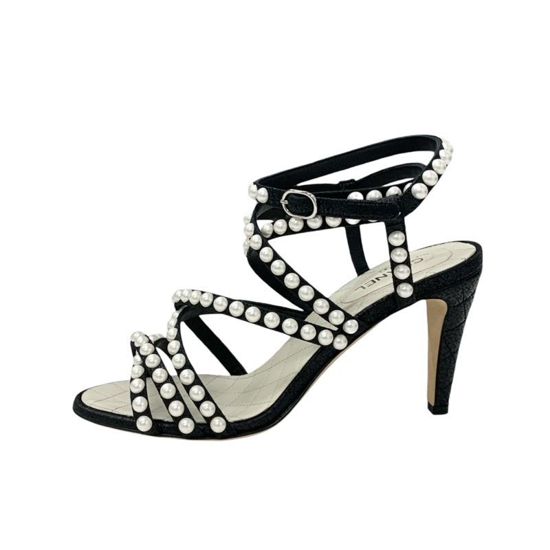 Chanel Sandals Shoes Leather Black White Coco Mark Pearl Quilted Strap — view 3