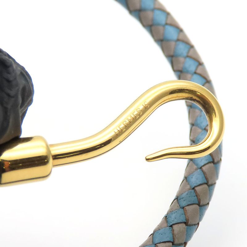 Hermes Bracelet Jumbo Breath Metal Leather Blue Gray Gold Hardware 2 Strands — view 7