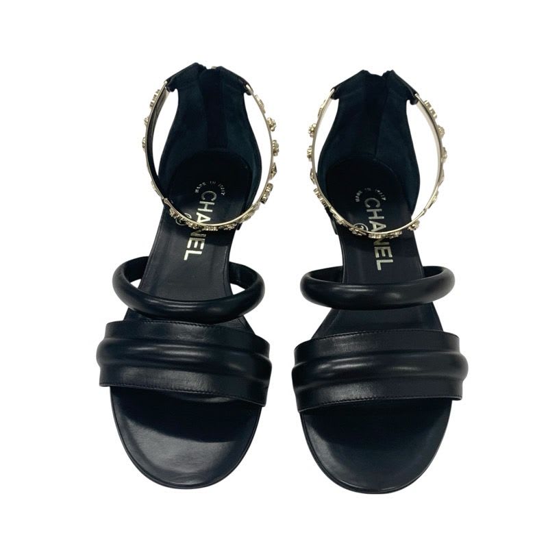 Chanel Sandals Shoes Leather Black Gold Coco Mark Icon Metal Strap Quilted — view 2