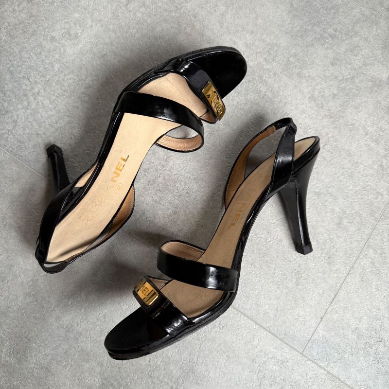 Chanel Logo Sandals Patent Leather Black Gold 37 — view 5