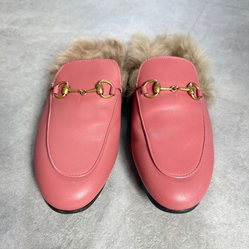 Gucci Prince Town Horsebit Loafer Sandal Fur Slip on Pink Gold Hardware Leather — view 7