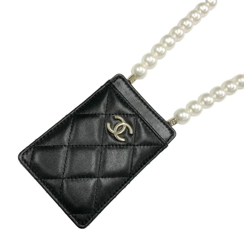 Chanel Card Case Holder Pass Black Gold Coco Mark Quilted Pearl — view 3