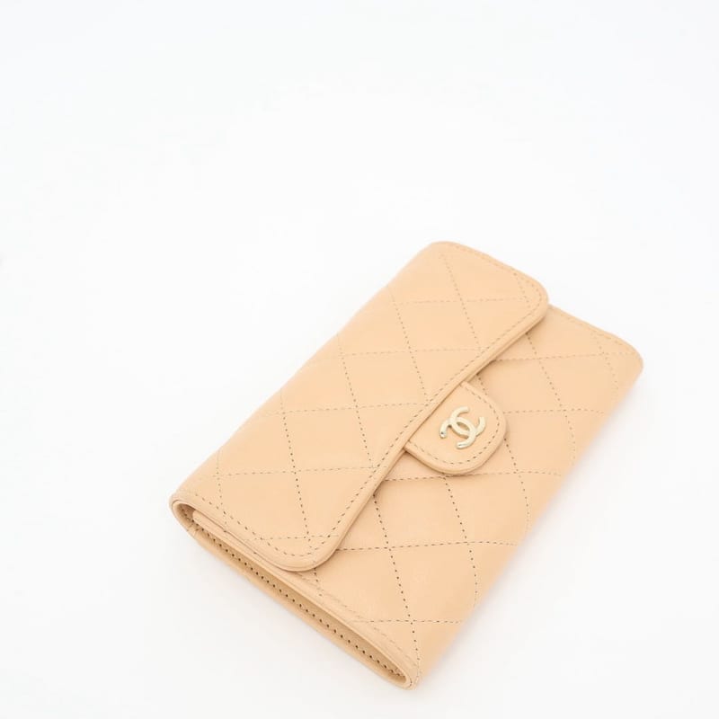 Chanel Quilted Three-fold Long Wallet Coco Mark Lambskin Beige Silver Hardware — view 3