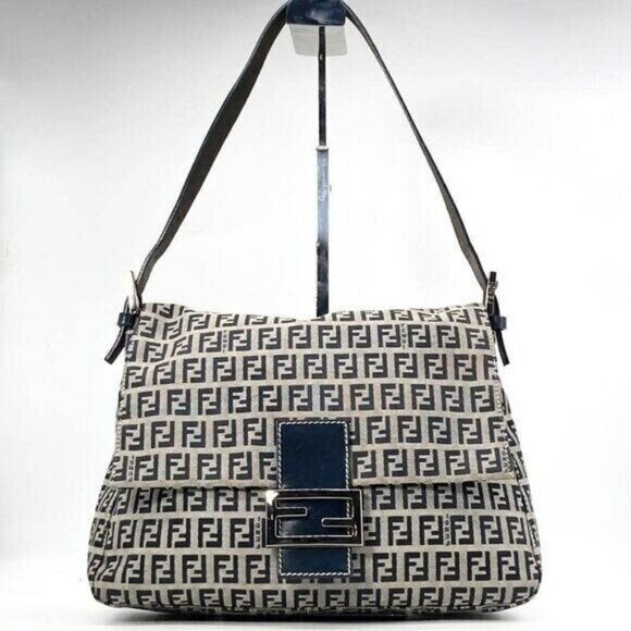 Fendi Mamma Zucca Bucket Baguette Navy Tan Flap Bag Purse Tote FF — view 3