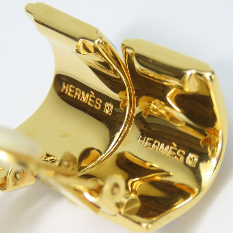 Hermes Earrings Emile Feather Pattern Metal Cloisonne Blue Multicolor Plated — view 5