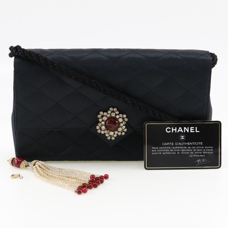 Chanel Quilted Vintage Satin and Rhinestone Black Women Shoulder Bag — view 9