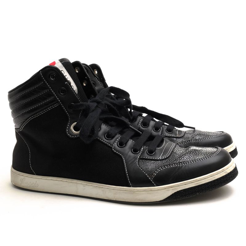 Gucci Shoes Sneakers High Cut Men Cotton Canvas Leather Black — view 2
