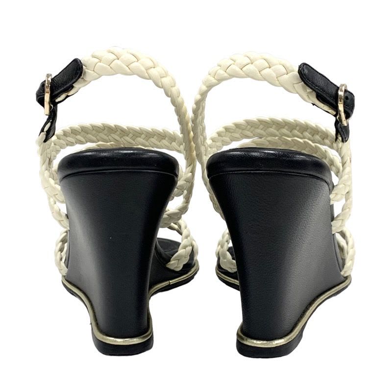 Chanel Sandals Shoes Lambskin White Black Coco Mark Braided Wedge Sole — view 5