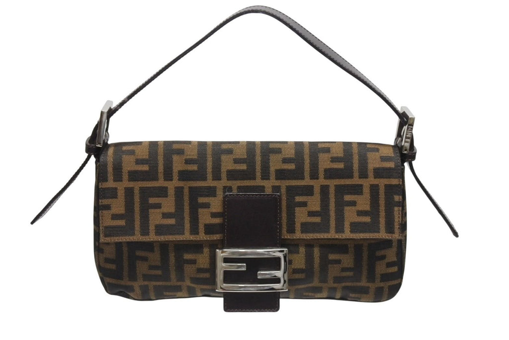 Fendi Mamma Baguette Bag Zucca Pattern Canvas Leather Brown Silver