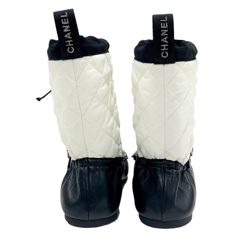 Chanel Boots Short Shoes Nylon Leather White Black Quilted Chain Belt — view 5