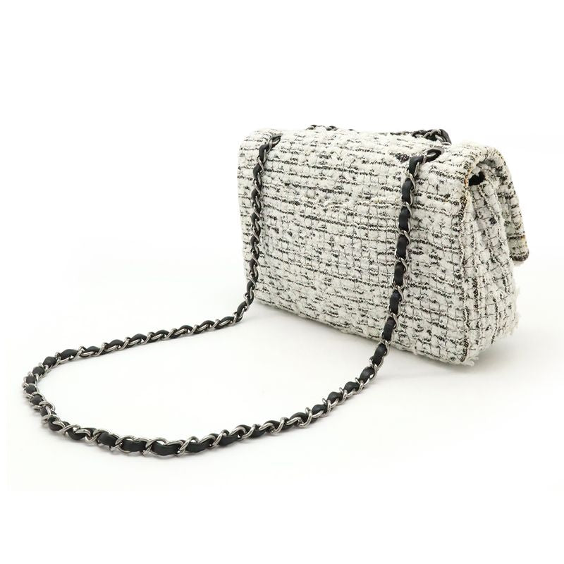 Chanel 255 Tweed Double Flap Chain Bag Shoulder Flower Motif Leather White Black — view 2