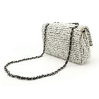 Chanel 255 Tweed Double Flap Chain Bag Shoulder Flower Motif Leather White Black — view 2