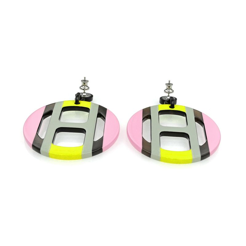 Hermes Earrings H Equipe Buffalo Horn Pair Multicolor Pink Gray Yellow — view 7