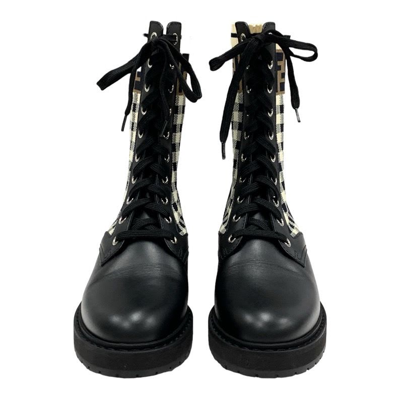 Fendi Rococo Boots Short Shoes Zucca Check Lace Up Leather Fabric Black — view 2