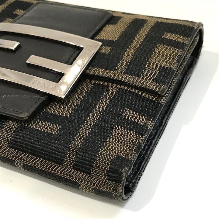 Fendi Zucca Trifold Wallet Compact FF Plate Canvas Leather Brown — view 4
