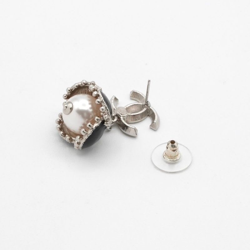 Chanel Earrings Silver Black Coco Mark Rhinestone Flower — view 5