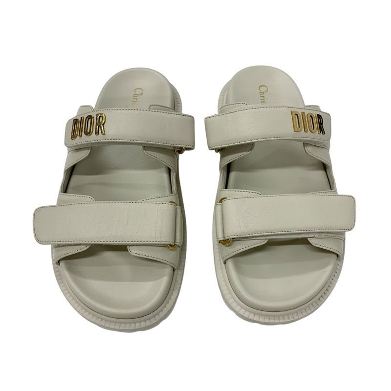 Christian Dioract Sandals Shoes Leather Ivory Gold Logo Velcro Strap — view 2