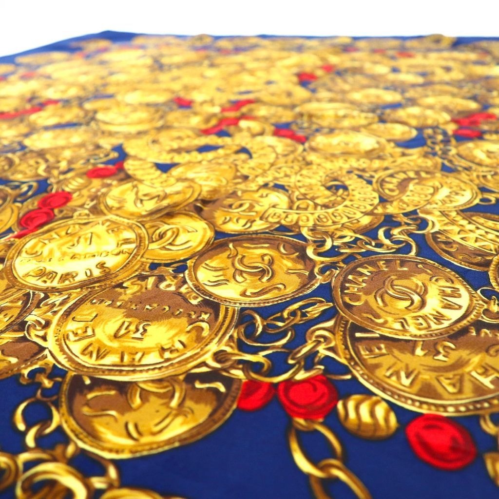 Chanel Scarf Navy Blue and Gold Silk All-Over Print Coco Mark Chain Jewelry — view 4