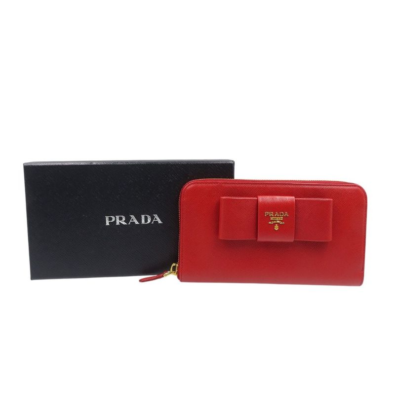 Prada Ribbon 1 M0506 Saffiano Leather Gold Hardware Red Round Zipper Long Wallet — view 3