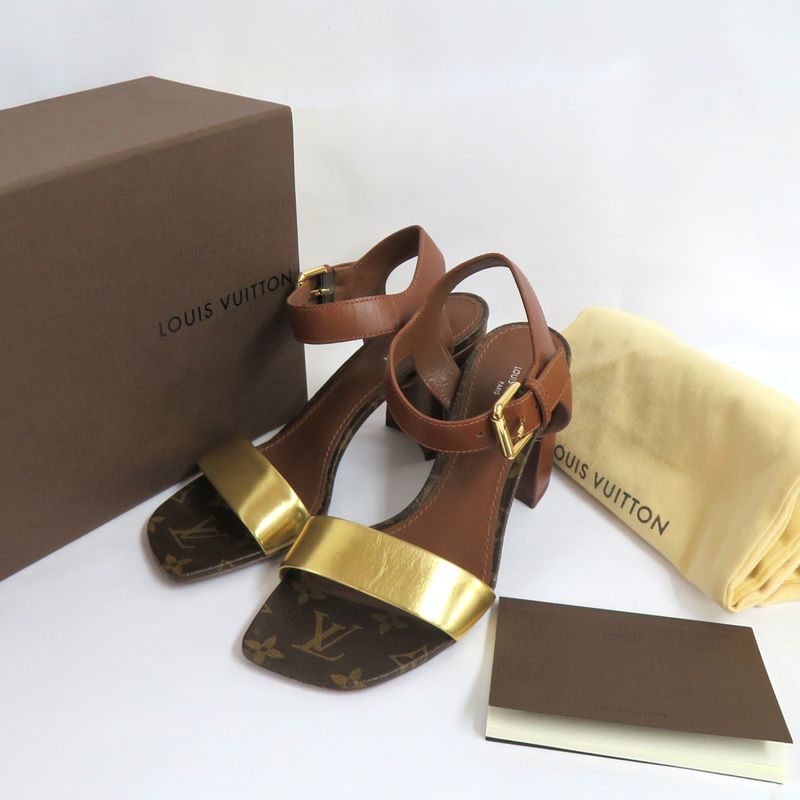 Louis Vuitton Monogram Ankle Strap Heel Sandals Brown Gold 36 1 2 — view 4