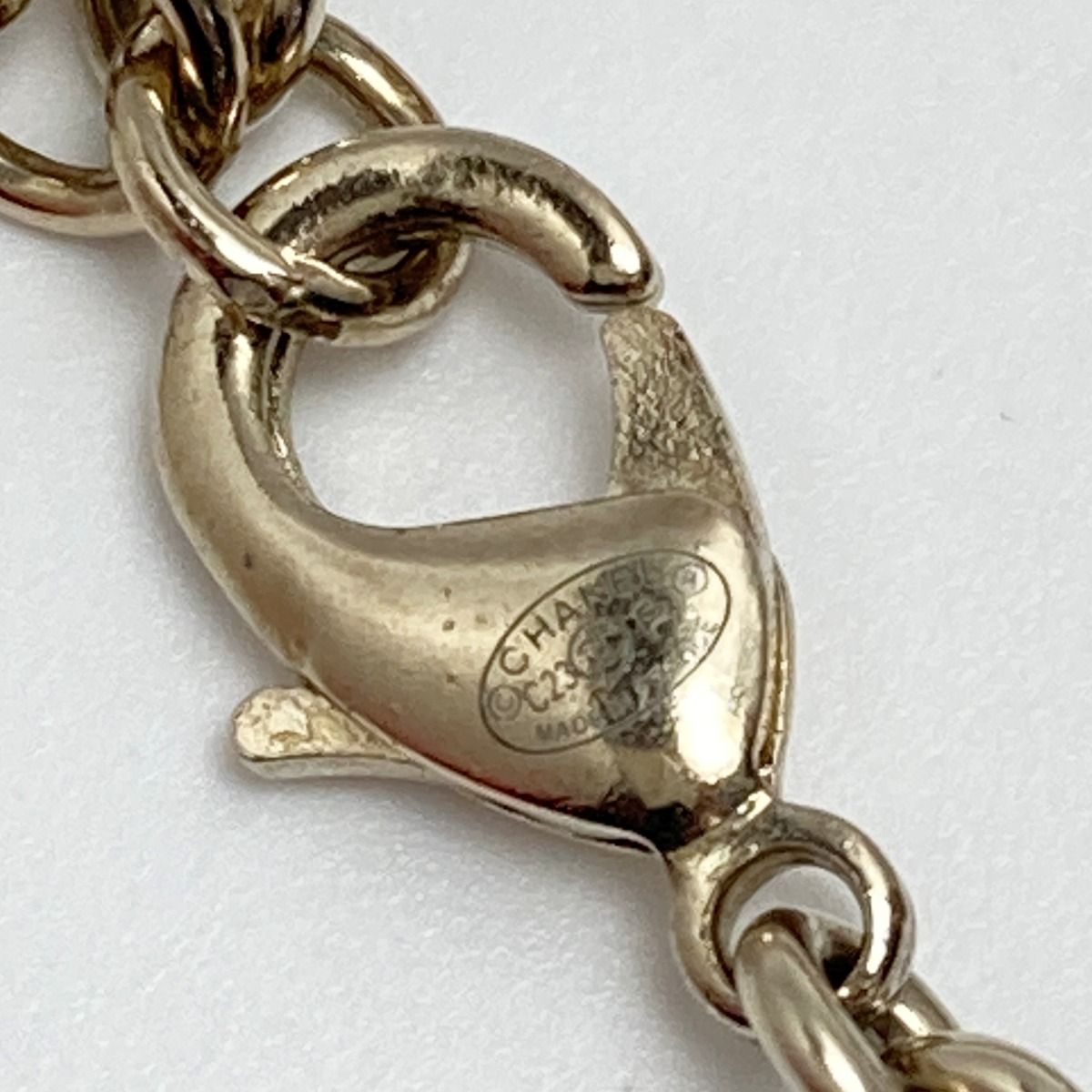 Chanel Coco Mark Rhinestone Faux Pearl Necklace C23 P Champagne Gold Black — view 5