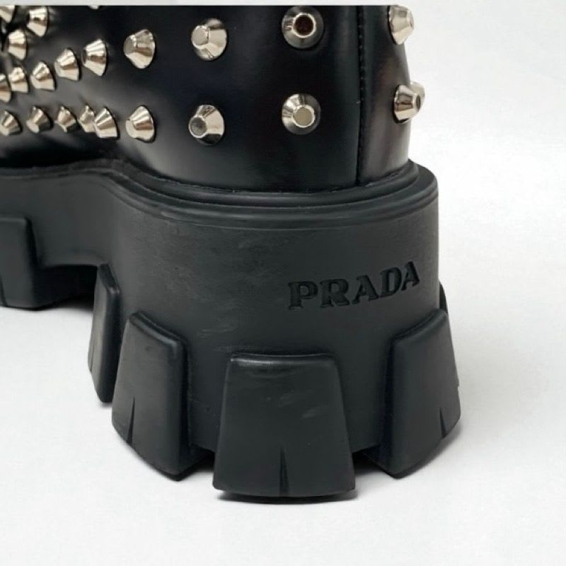 Prada Monolith Loafers Leather Shoes Black Silver Studded Lace Up — view 9