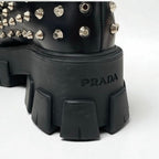 Prada Monolith Loafers Leather Shoes Black Silver Studded Lace Up — view 9