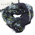 Gucci 2016 Item Floral Silk Rayon Fringe Shawl Scarf Navy — view 3