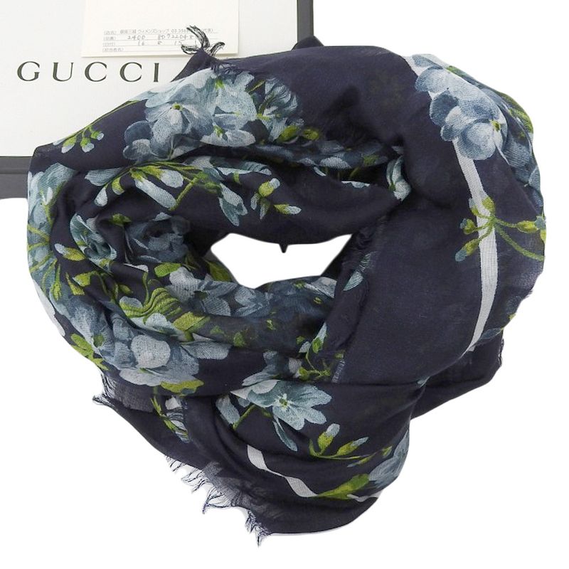 Gucci 2016 Item Floral Silk Rayon Fringe Shawl Scarf Navy — view 3