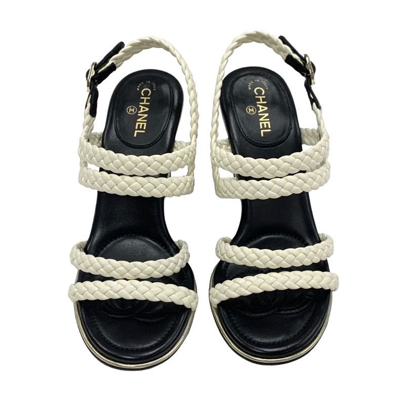 Chanel Sandals Shoes Lambskin White Black Coco Mark Braided Wedge Sole — view 2