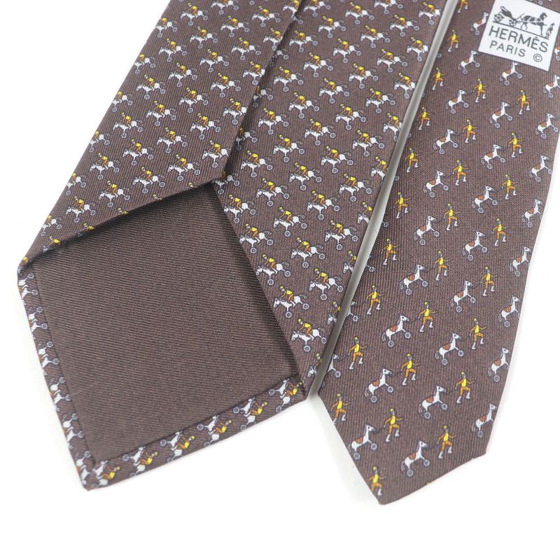 Hermes 100% Silk Jockey & toy Horse All Over Regular Tie Brown — view 5